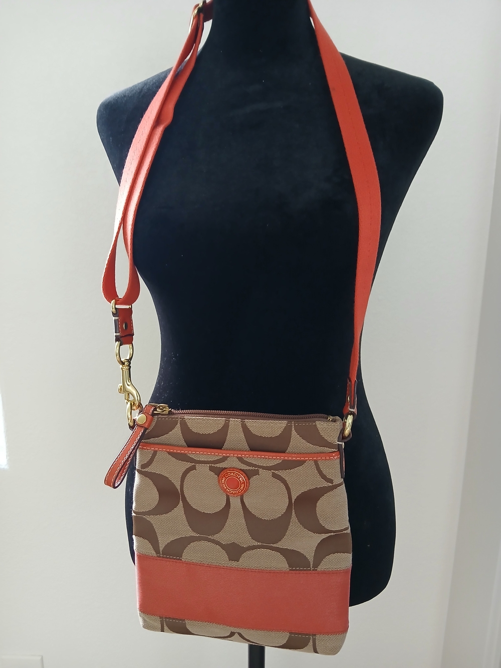 Coach Signature Canvas Crossbody Bag in Tan & Orange